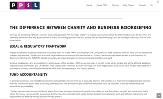Screenshot of webpage on PPSL website describing the difference between charity and business bookkeeping