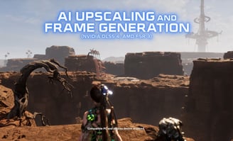 Stellar Blade PC gameplay showcasing enhanced graphics with AI upscaling and smooth frame generation