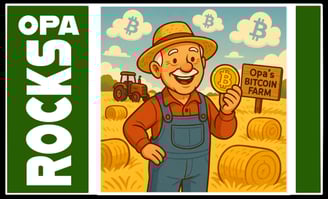 Opa Rocks Cartoon of Old Farmer Farming Bitcoin