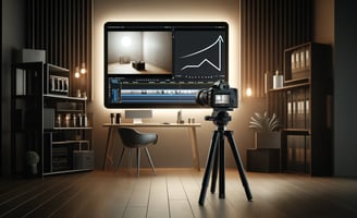 Kamera auf Stativ in modernem Studio vor einem Bildschirm mit Videobearbeitungstool, Schreibtisch