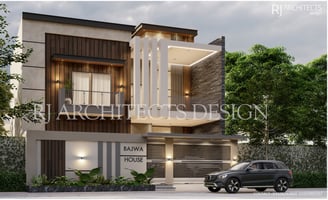 Modern two-story house with wood and stone facade, illuminated balcony, and a gated entrance labeled