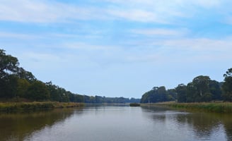 Tranquil lake with greenery on both sides