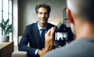 Ein Mann in Anzug und Krawatte nimmt ein Video-Testimonial auf.