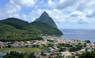 Soufriere, St. Lucia with the Pitons rising beyond