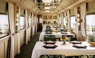 Luxury train dining car of the Britannic Explorer.