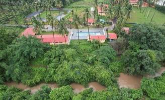 best resort for one day picnic near surat and for school trip. drone view of purna river resort