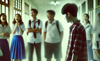 Student in plaid shirt stands in hallway as classmates laugh behind them.