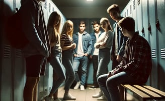 Teen alone near lockers. School bullying, social exclusion, emotional distress, anxiety, tension