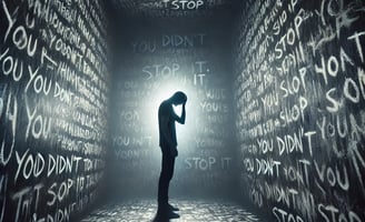 A figure stands in a room filled with haunting messages, symbolizing guilt, regret, and psychological breakdown