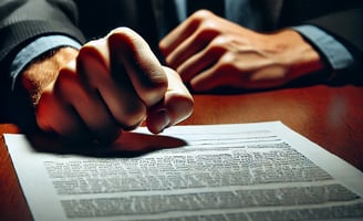 A clenched fist slams on an interrogation table over a document, symbolizing pressure, accusation, and control