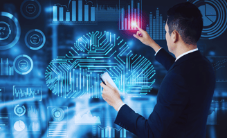 Business leader interacting with holographic charts and diagrams on a large touchscreen while holding a smartphone