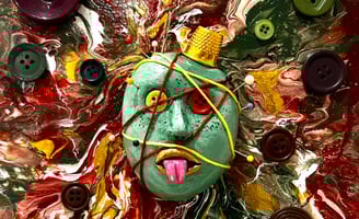 Ilona Paris tableau sculpture sur toile d'un visage cousu avec des yeux boutons