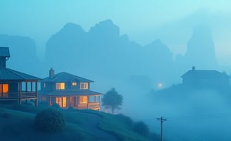UniverseX - a house with a mountain view of a house in the fog