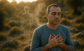 Man meditating with ghostly figure behind, symbolizing trauma release