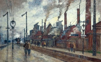 dessin d'une gare avec des cheminées pendant la révolution industrielle