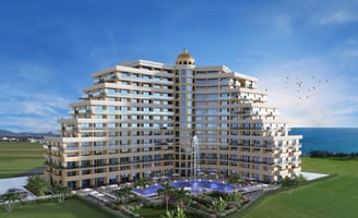 a large building with a pool and a swimming pool