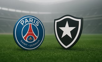 escudos de PSG e Botafogo sobre um gramado com arquibancada ao fundo