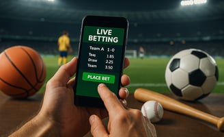 Odds e gráficos sobre estádio escuro, com referência a apostas ao vivo em diversos esportes.