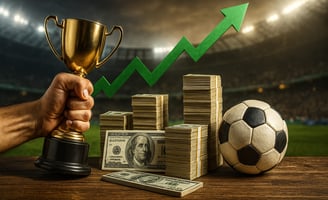Imagem com bola de futebol e gráfico de lucros ao fundo, representando crescimento nas apostas.