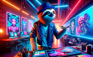 Digital artist sloth in art studio using Adobe Firefly, demonstrating AI-powered creativity with Structure Reference tool