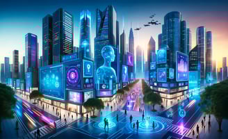 Futuristic city at twilight with neon AI holograms, interactive displays, and busy, illuminated pedestrian streets.