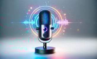 Advanced AI voice recognition microphone with vibrant soundwave graphics symbolizing cutting-edge voice synthesis technology.