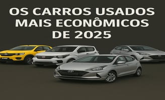 Imagem de capa com o título Os Carros Usados Mais Econômicos de 2025, com cinco veículos lado a lado