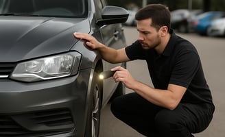 Mecânico inspecionando a lataria de um carro em pátio de revenda, com iluminação natural.