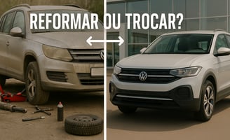 Imagem dividida ao meio mostrando, à esquerda, um Volkswagen Tiguan antigo sujo e com peças desmonta