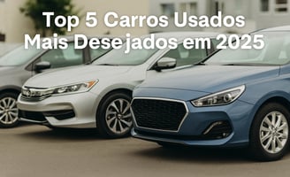 Fileira de quatro carros usados bem cuidados estacionados em um pátio de revenda, com fundo levement