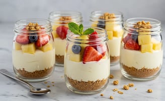 The image shows No-Bake Greek Yogurt Cheesecake jars topped with fresh fruit and granola.