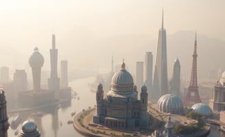 UniverseX - a cityscape of a city with a river and a bridge