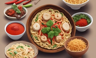 A pot filled with cooked noodles mixed with sliced green bell peppers and carrots, accompanied by a wooden spatula. Beside the pot, there is a red container with Korean writing on the label.