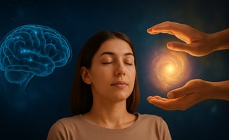 Woman with closed eyes, brain and energy symbolizing hypnotherapy