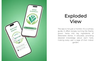Herb Harmony mobile app mockup with plant tracking, herb info, and recipe suggestions.
