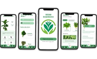 Detailed interface design of Herb Harmony app showcasing herb care, plant profiles, and tips.