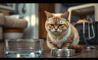 A concerned cat sitting by a water bowl, looking lethargic with slightly sunken eyes, surrounded by soft natural light.