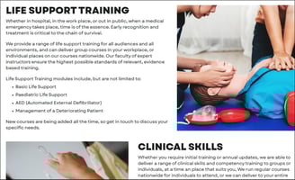 Screenshot of website with detailed explanations of 1664 Training Solutions services such as Life Support Training