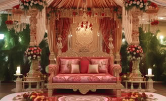 A charming storefront featuring a decorative wall covered in pink and white roses alongside a wooden door with glass panels. A white ornamental bench sits on the right, under a soft pink awning with 'Dream Wedding Planning' written in cursive.