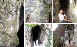 varias fotos da autora explorando o interior das cavernas de Am phu no vietnã