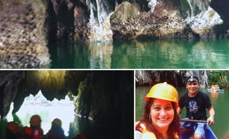 Autora e guia saindo da caverna subterrânea, com a entrada da caverna ao fundo.