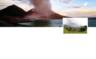 Paisagem vulcânica de Rabaul, Papua-Nova Guiné, com o vulcão Tavurvur ao fundo soltando fumaça.