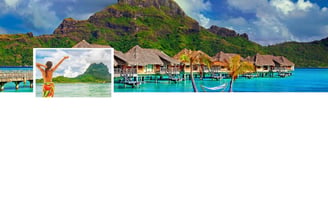 Praia em Bora Bora com mar cristalino e vegetação tropical, vista típica do Taiti.