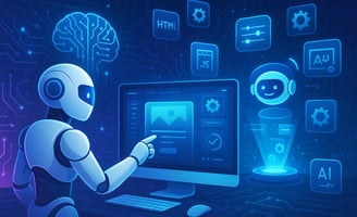 "AI robot designing a website interface with coding tools, automation