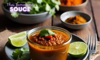 Spic Thai tamarind sauce in a bowl, in the plate and lemons