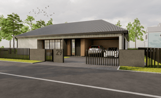 L formos namo projektas su stogine, modernaus dizaino akcentais