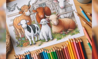 farm animals coloring sheet on a table surrounded by colorful pencils