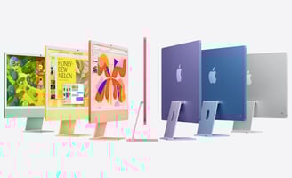 Verschillende iMacs 2024 in kleurrijk ontwerp, dun profiel en krachtige prestaties.