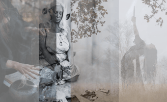 Maryann in ceremonial presence in ancient forest, with altar and ritual dagger