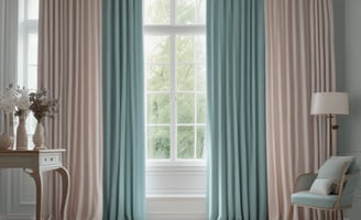 A row of hanging fabric curtains in various colors is illuminated by sunlight, casting shadows across their textured surfaces. The fabrics range from greens and browns to oranges and reds, creating a warm and earthy palette.